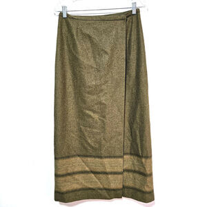 Ann Taylor Wrap Skirt Women's Sz 6 Earth Tone Green w/Tan Striped Hem Wool Blend